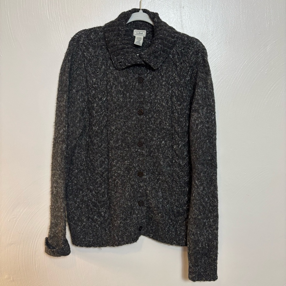 LL Bean Womens Sweater Button Down Wool Blend Grampacore Brown Black Speckled‎ L